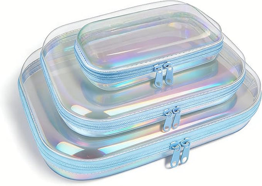 Clear Hard Shell Zipper Case,3PCS Transparent Clear Laser Zipper Pouches,Hard Side Plastic Case Set,Portable Travel Storage Organizer Bins by honitty
