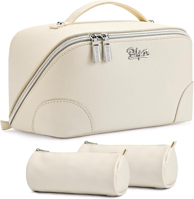 BOYATU Travel Makeup Bag Cosmetic Bags for Women: 3 Pcs Set Large Capacity Make up Bag with Handle - Waterproof Vegan Leather Toiletry Bags Travel Essentials with Compartments(C-3-White) by BOYATU