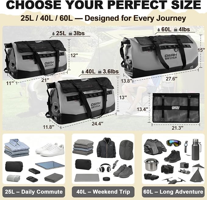 OSAH DRYPAK Waterproof Duffel Bag 25L/40L/60L – Heavy-Duty Motorcycle Tail Bag, Roll-Top Dry Bag for Travel, Camping, Boating, Kayaking, Outdoor Adventure - Image 2