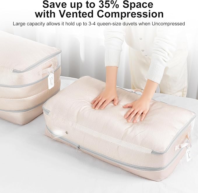 Comforter Storage Bag - Large Capacity Bedding Storage Bags Ultra Space Saving Self Compression Organizer, Washable Compression Bags for Storage Comforter Blanket Duvet Pillow, 4-Pack, Beige - Image 3