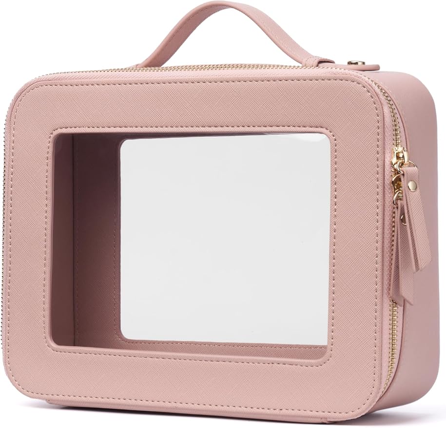 Popvibe Clear Makeup Case Set Pink Toiletry Bag Travel Large Clear Cosmetic Bag with Zipper, Big Make Up Bag Organizer Women Traveling TSA Approved Transparent Bag Car for Essentials by POPVIBE