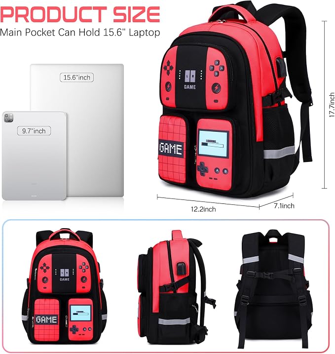 Jafeton Gamer Backpack for Boys, 3PCS Boys Backpack with Lunch Box & Pencil Pouch, Waterproof School Bags for Boy Kids Children Teens, Elementary Middle School, Kids Book Bag Casual Daypack (Red) - Image 2