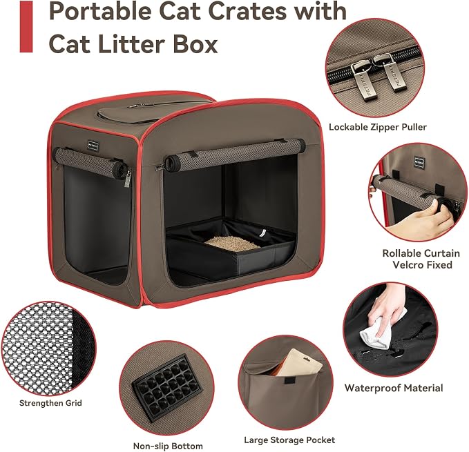 Petsfit Portable Cat Crate with Litter Box and Soft Cushion, Collapsible Pop Up Cat Kennel with Carrying Bag for Travel - Image 3