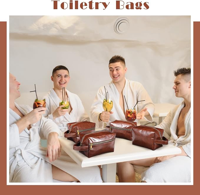 Hillban 6 Pcs Groomsmen Gift Men Travel Toiletry Bag, Bestmen Gifts Set, Leather Toiletry Bag with Side Handle Water Resistant Bathroom Supplies for Wedding Party Favor(Dark Brown) - Image 5