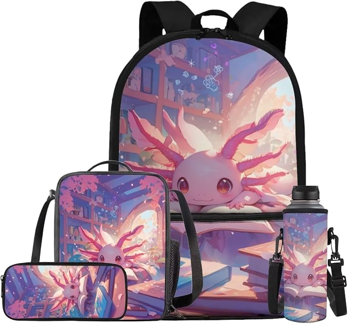Cute Axolotl Backpack for Kids Girls Backpack with Lunch Box Water Bottle Pouch and Large Pencil Case 4PCS Set 17 inch Bookbag with Front Pocket for School Lightweight Elementary School Bag by ELEDIZI
