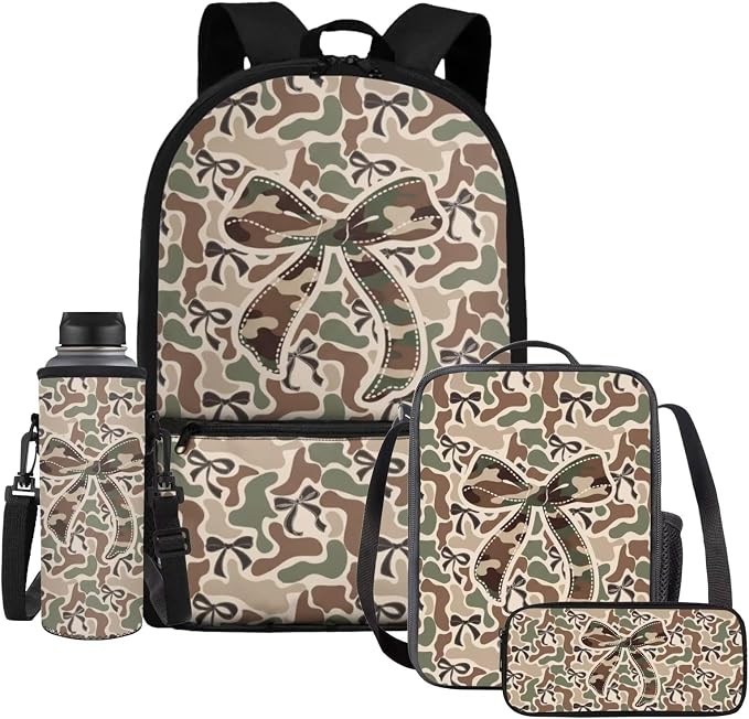 Camo Backpack Girls Camouflage Bow Backpack with Lunch Box 4 Piece School Bag Set 17'' Large Capacity Holds 15+ Books, Adjustable Padded Strap Reduce the Stress by 40% by Dremagia