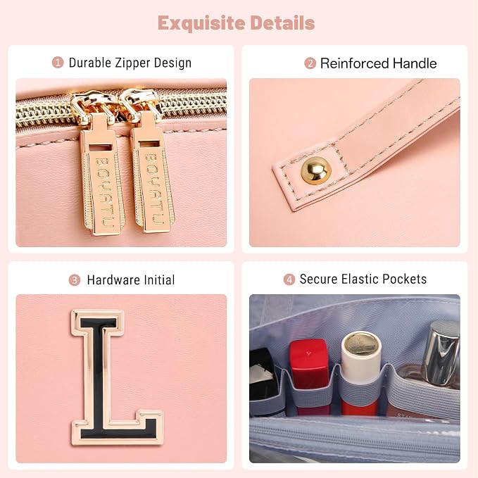 BOYATU Makeup Bag Gift for Women: 3-in-1 Travel Personalized Cosmetic Bag | Initial Make up Bag - Monogram A-Z - Vegan Leather Flat Open Toiletry Organizer - Ideal Gift Set for Birthday Graduation - Image 7