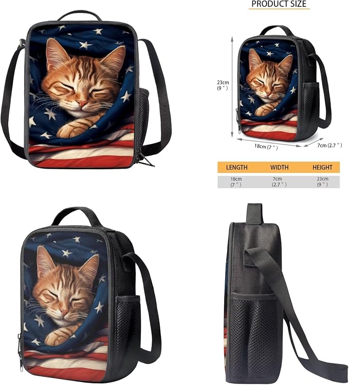 American Flag Cat Backpack for Girls Boys Backpack with Lunch Box Water Bottle Holder and Soft Pencil Pouch 4PCS Set Cute Bookbag with Compartments for School 17 inch Large School Bag for Kids - Image 5