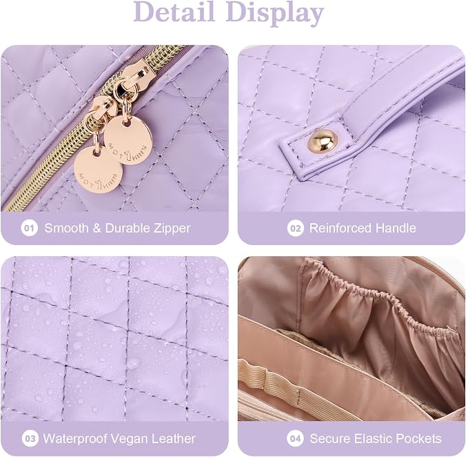 Travel Makeup Bags Cosmetic Organizer: 3Pcs Set Puffy Make up Bag for Women | Purple Premium Quilted ELEGANCE Design | Large Capacity Leather Toiletry Bags | Wide Open Compact Case for Travel Essentials - Image 6