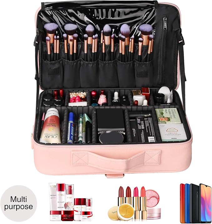 Relavel Makeup Case Large Makeup Bag Professional Train Case 16.5 inches Travel Cosmetic Organizer Brush Holder Waterproof Makeup Artist Storage Box, 3 Layer Large with Adjustable Strap (Pink) - Image 7