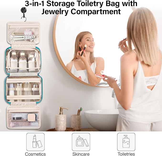 Hanke Hanging Travel Toiletry Bag with Jewelry Organizer, Turquoise Green | Large Capacity, Holds Full-Size Bottles, Water & Stain Resistant, 360° Swivel Hook, Trolley Sleeve, Women's Makeup Organizer - Image 9