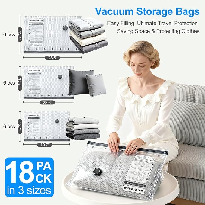 Vacuum Seal Bags 18-Pack with Wireless Pump, 6 Large/6 Medium/6 Sizes, Reusable Storage for Clothes Travel, Luggage & Suitcases, Portable Space Saver - Image 2