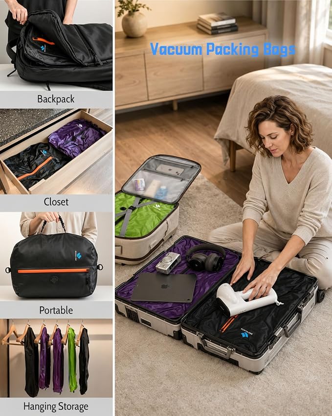 Zurligi Vacuum Travel Bags with Pump, Anti-rip Waterproof Compression Bag | Design with Handle, Reusable, Durable Nylon, Seamless Airtight Zipper, for Carry-on Packing, Travel, and Seasonal Storage - Image 4