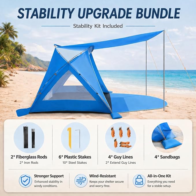 Beach Tent, Portable Sun Shelter for 2/3/4/6-8 Person with UPF 50+ UV Protection, Easy Setup Waterproof Beach Shade Canopy Cabana for Family Outdoor and Picnics, Fishing with Carrying Bag - Image 7