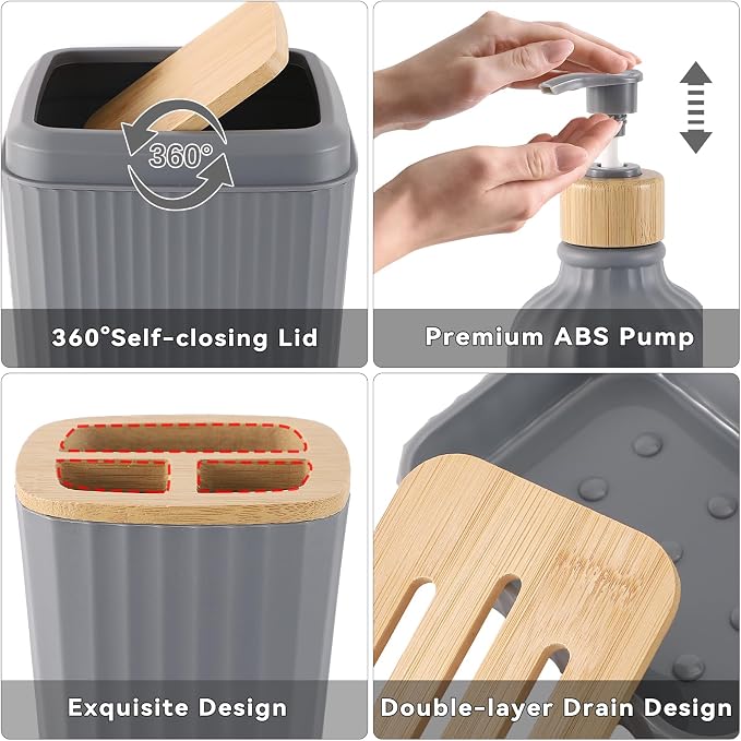 32PCS Grey Bathroom Accessories Set with Shower Curtain,Rugs,Trash Can,3PCS Lotion Soap Dispenser, Toothbrush Holder, Soap Dish,Tumbler Cup,6PCS Wood Tags Bath Accessories with Tray for Bathroom - Image 3