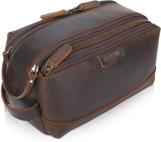 Polare Full Grain Leather Toiletry Bag for Men Large Travel Cosmetic Case Dopp Kit Shaving Kit Wash Pouch with YKK Zippers by polareoriginal