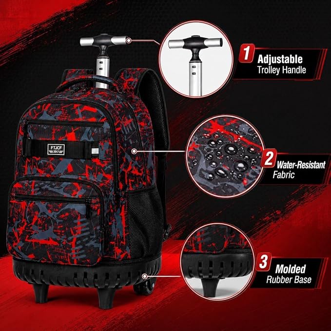 3Pcs Rolling Backpack for Boys, 19 Inche Adults Roller Bag with Wheels, Graffiti Wheeled Bookbag Set for Men(Red) - Image 5
