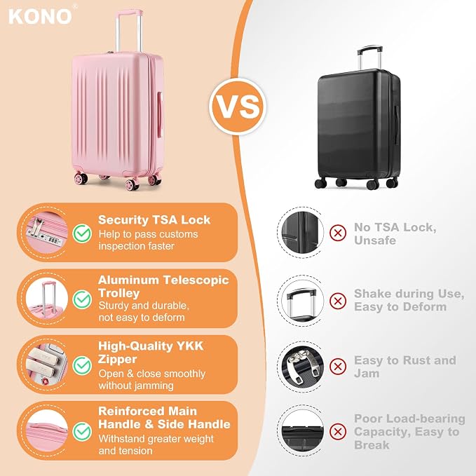 Kono 24 Inch Expandable Luggage with Spinner Wheels Checked Suitcase Pink | PC+ABS Hard Shell Suitcase with TSA Lock Scratch and Drop Resistant, 24 Inch Lightweight Medium Luggage for Travel - Image 7