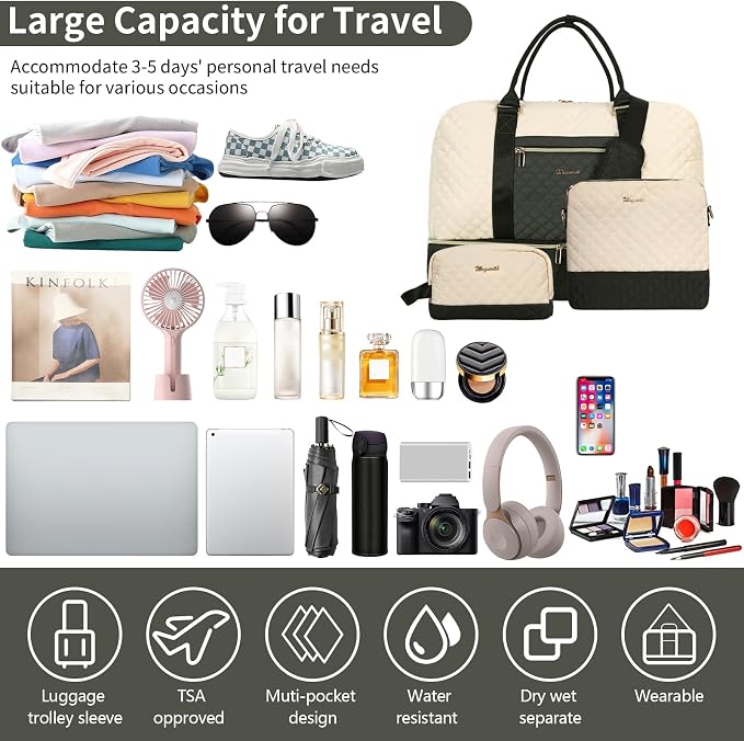 Wogarl 3PCS Weekender Bags for Women Large Overnight Bag Weekend Travel Duffel Bag Carry on Shoulder with Shoe Compartment Canvas Toiletry Bag for Travel Business Gym,Black Beige Green - Image 7