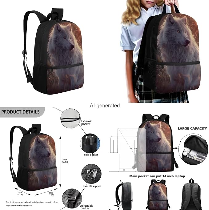 Wolf Backpack for Girls Boys Backpack with Lunch Box Water Bottle Bag and Cute Pencil Case 4PCS Set Bookbag with Front Pocket for School Teens 17 inch Large Capacity School Bag for Kids - Image 3
