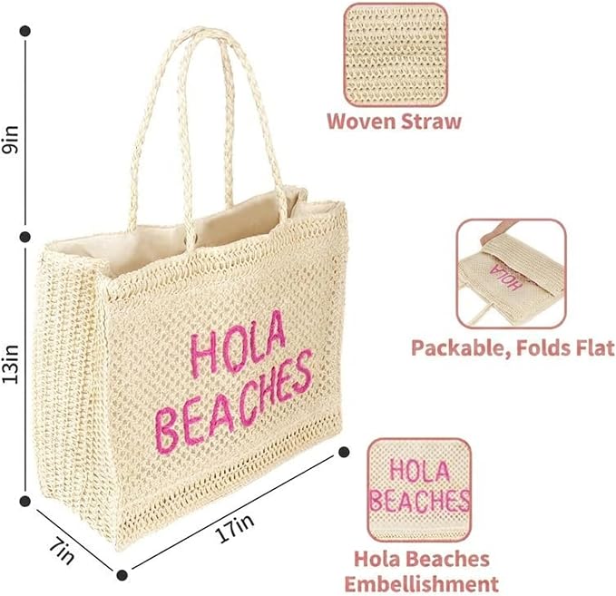 Hello Beaches A Packable Beach Bag | The Straw Beach Tote Bag of 2025 | Beach Bags for Women Vacation | Large Beach Bag - Image 3
