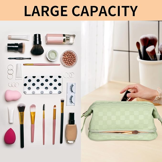 Abiudeng Large Capacity Makeup Bag Ladies Cosmetic Bag Travel Bag with Compartments Portable PU Leather Travel Makeup Bag with Handle - Image 5