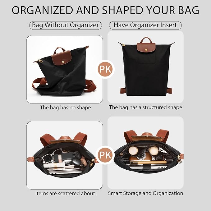 Soft Nylon Purse Organizer Insert for Longchamp Le Pliage M Backpack,Waterproof Lightweight with Laptop Compartment Long Champ Medium Backpack,Upgrade Taller Bag Insert with Cup Holder, Black - Image 4