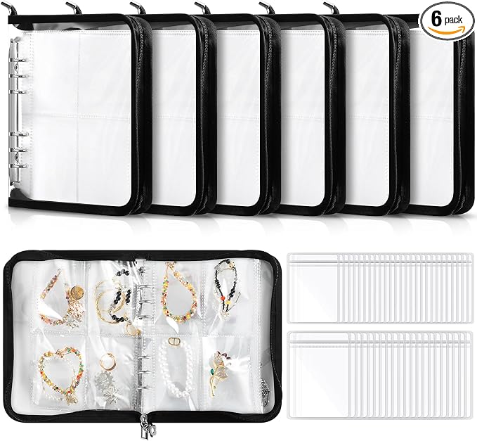 Threehoney 6 Sets Transparent Jewelry Storage Book Travel Jewelry Organizer Earring Organizer Case Bracelet Holder for Necklace Earrings Ring Holder with Clear Zippered Pouch Anti Tarnish Pouches by Threehoney