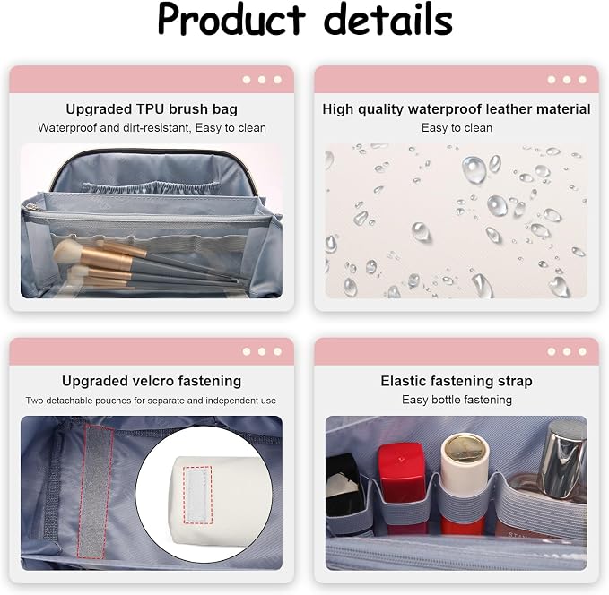 BOYATU Travel Makeup Bag Organizer Cosmetic Bag: 3 Pcs Set Make up Bags for Women with Handle - Waterproof Vegan Leather Toiletry Bags Travel Essentials Pouch with Compartments (A-08-White) - Image 4