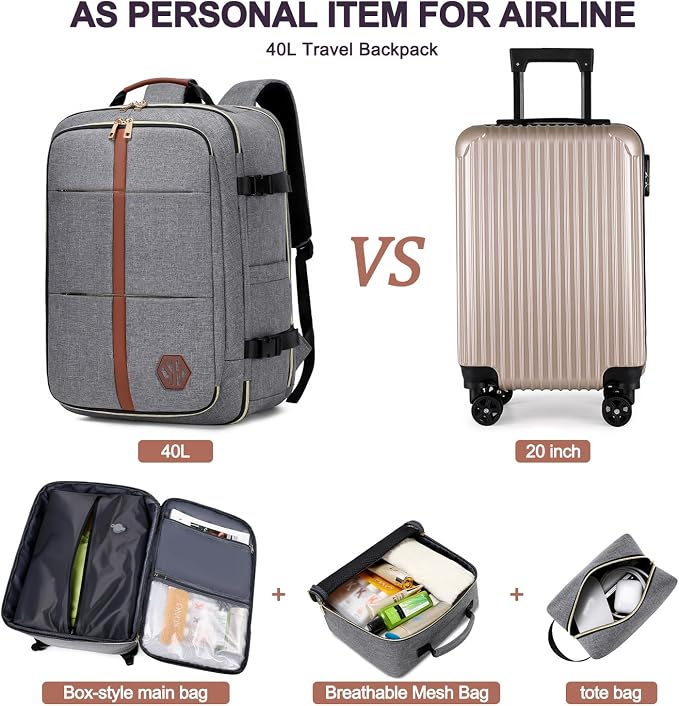 40L Travel Laptop Backpack for Women & Men, Airline Approved Carry On Luggage Overnight Bags, Waterproof Personal Item Bag, Weekender Essentials Backpacks Vacuum Backpack Gray - Image 7