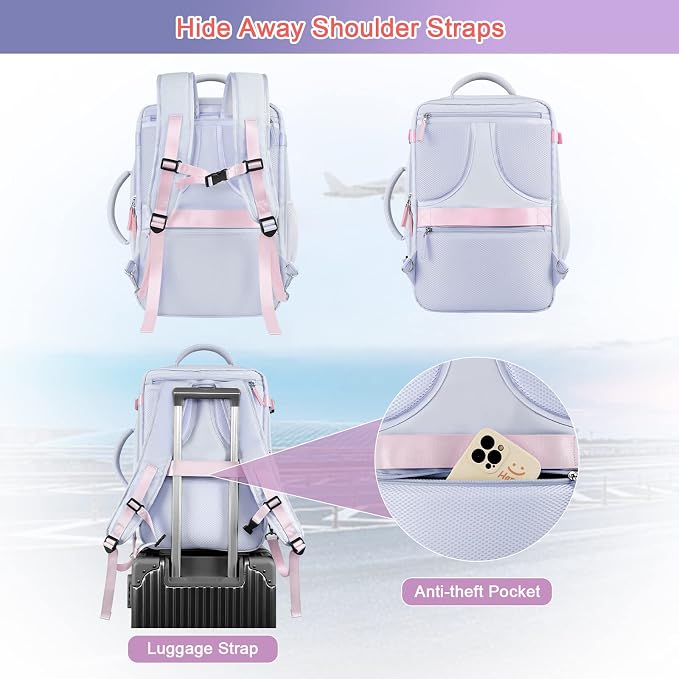 Sinaliy Carry on Backpack, Waterproof 17 Inch Laptop Backpack for Women, Flight Approved Backpack for Travel, College, Work | Waterproof Large Expandable College Bookbag, as Person Item Flight Approved with Anti Theft Pocket and Wet Pocket, Purple - Image 4