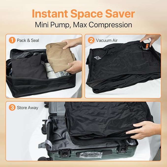 Vacuum Travel Bag for Luggage with Wireless Pump 35L, 180° Open Zipper, IP68 Waterproof, Reusable Compression Bags for travel to Save Space, Fits 20-28in Suitcase, Backpack, Cloth (2PC + Pump) - Image 8