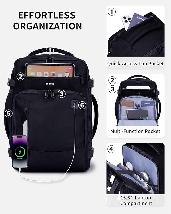 ECOHUB 17" Small Travel Backpack, United Airlines Personal Item Bag 17x10x9 with 16 Pockets, Water Resistant Rucksacks Fit 15.6" Laptop, AirTag Pocket, Lightweight Casual Daypack, 25L, Black - Image 4