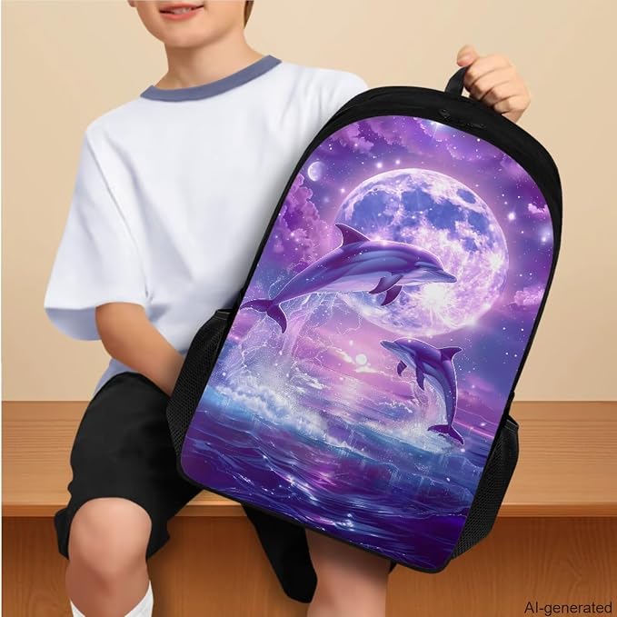 Dolphin Backpack for Girls Kids Backpack with Lunch Box Water Bottle Pouch and Aesthetic Pencil Case 4PCS Set Bookbag with Compartments for School Teens 17 inch Large Elementary School Bag - Image 3