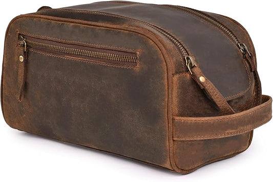 King-Size Premium Leather Toiletry Travel Pouch – Handcrafted Vintage Dopp Kit Bag with Waterproof Lining, Spacious Design for Travel Essentials - Brown by DHAMPOOH