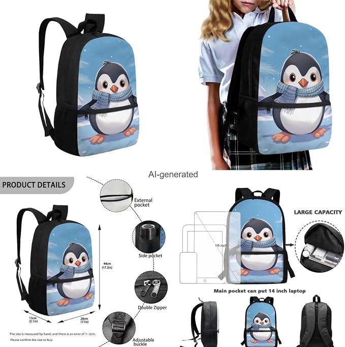 White Penguin Kindergarten Backpack for Boys with Lunchbox Grades 2 To 5 Large Capacity Kids Bookbag and Water Bottle Set Portable Lightweight Schoolbag Fit Middle School High School - Image 3