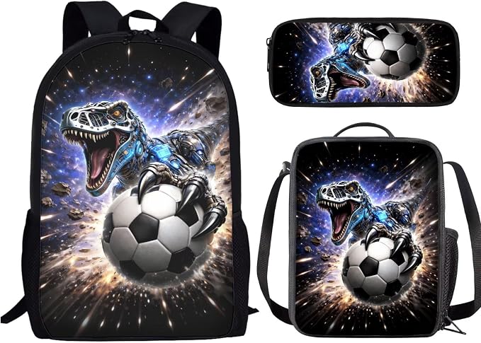 Forchrinse Dinosaur Backpack for Boys 3-In-1 Soccer School Backpack with Lunch Box Pencil Case Large Capacity 17 Inch School Bag for Elementary Kindergarten Kids Bookbag Daypack by Forchrinse