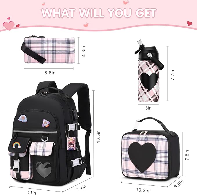 ACESAK Backpack for Girls with Insulated Water Bottle, Bookbag Backpack for Girls Kids, 14oz Kids Water Bottle Stainless Steel, Lunch Bag & Pencial Case, Back To School Gift (Black) - Image 2