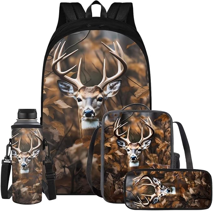 Deer Camo Backpack for Boys Kids Backpack with Lunch Box Water Bottle Bag and Soft Pencil Case 4PCS Set Bookbag with Compartments for School Teens 17 inch Sturdy School Bag with Side Pocket by ELEDIZI