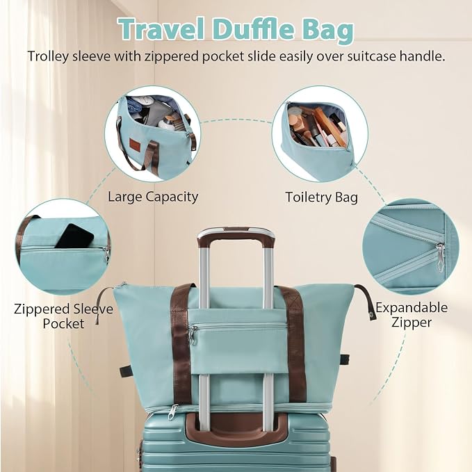 3 Piece Carry On Luggage Sets, 20 Inch Airline Approved Hard Shell Suitcase with TSA Lock & 360° Spinner Wheels, Travel Set with Duffel Bag for Women (Blue) - Image 3
