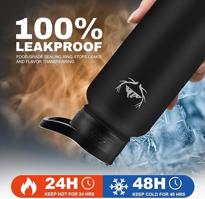 NATURE PIONEOR 32 oz Insulated Water Bottle with Carrier Bag & 3 Lids | 18/8 Food-grade Stainless Steel, Double Vacuum Insulation, 3 Leak-proof Lids, Strap, Camping, Hiking, Gym, Work - Image 3
