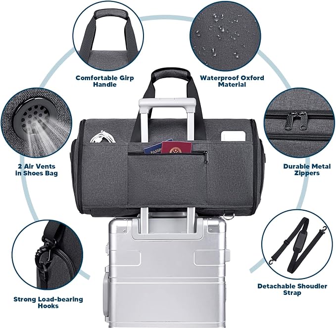 Vessgra Garment Bags for Travel 58L Garment Bags Duffle Bag for Travel Convertible Carry On Garment Duffle Bag 4 in 1 Foldable Suit Bag with Shoes Compartment for Men Women Weekender，Dark Grey - Image 4
