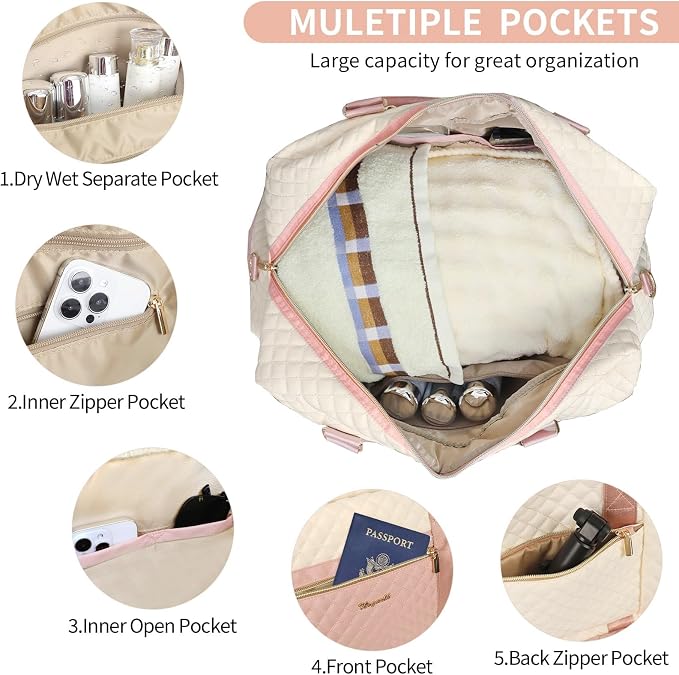 Wogarl 3PCS Weekender Bags for Women Large Overnight Bag Weekend Travel Duffel Bag Carry on Shoulder with Shoe Compartment Canvas Toiletry Bag for Travel Business Gym,Pink Beige - Image 5