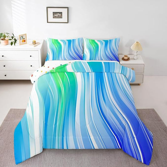 Rainbow Bedding Set Full Size, Tie Dye Comforter Set For Kids Girls Women Adult Bedroom, Teal Blue Pastel Quilted Duvet Watercolor Geometric Stripes Down Comforter 3 Pieces With 2 Pillow Cases by Erosebridal