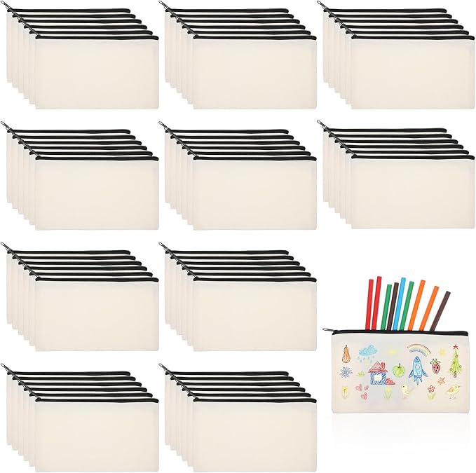 60Pcs Canvas Zipper Pencil Pouch Bulk, Blank DIY Craft Bag Canvas Pencil Case, Multipurpose Toiletry Tote Bag for Makeup Cosmetic, Invoice Bill, Travel Toiletry by Unknown