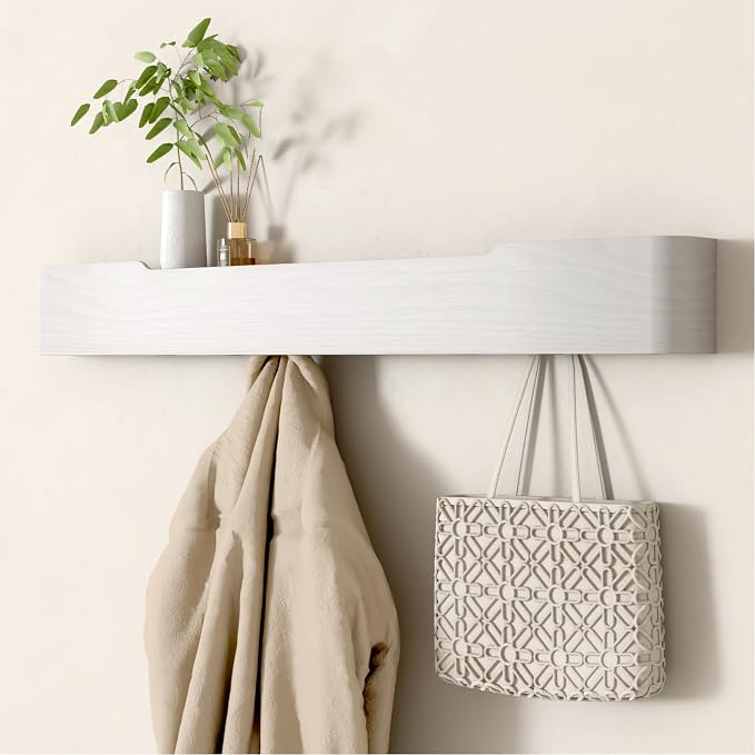Wall Mounted Coat Rack with Shelf, Wooden Entryway Organizer with Hidden Metal Hooks for Hanging Coats Bags Keys, Modern Floating Shelf for Hallway Bathroom by VERASCOT