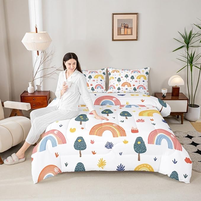 Erosebridal Kids Rainbow Bedding Set Full Size, Abstract Raindrop Comforter Set Hand Drawn Rainbow Duvet Insert for Girls Boys Teens Adult, Iridescent Stripes Bedding Comforters with 2 Pillow Cases - Image 5