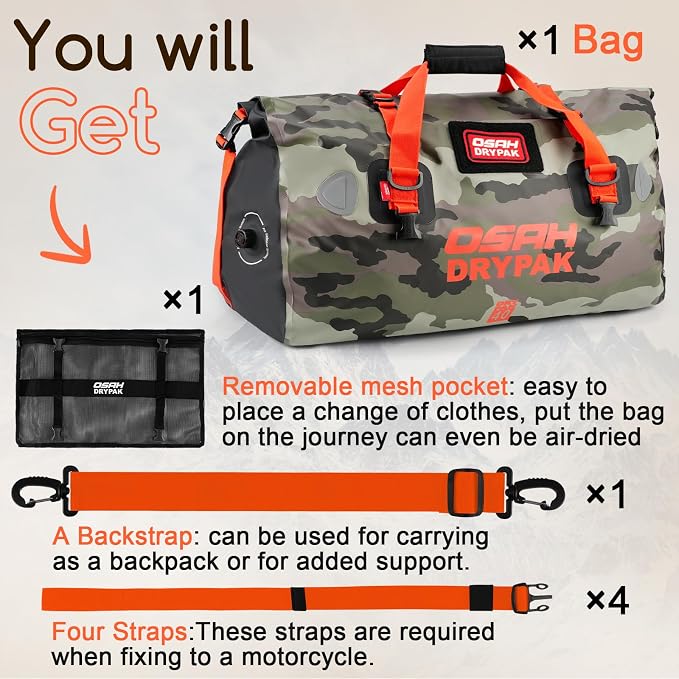 OSAH DRYPAK Waterproof Duffel Bag - Motorcycle Dry Bag Tail Bag with Large Storage Space, Waterproof Luggage Duffle Bags with Outer Mesh Zipper Pocket for Camping, Kayaking, Fishing & Traveling - Image 7
