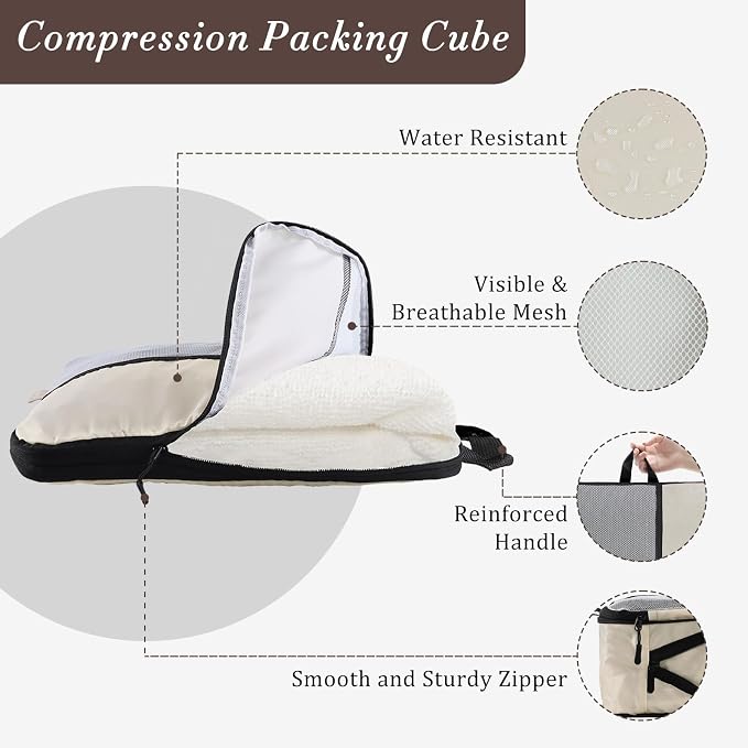U+U 4 Set Compression Packing Cubes - Ultralight Cream Travel Organizers, Space-Saving Suitcase Organizer, Expandable Packing Cubes for Travel and Family Vacation (Cream) - Image 3