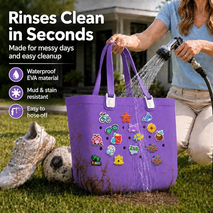 X-Large Rubber Beach Bag Travel Tote Bag with Waterproof Zipper Pocket, Washable Durable Rubber Beach Tote Mom gift - Image 3